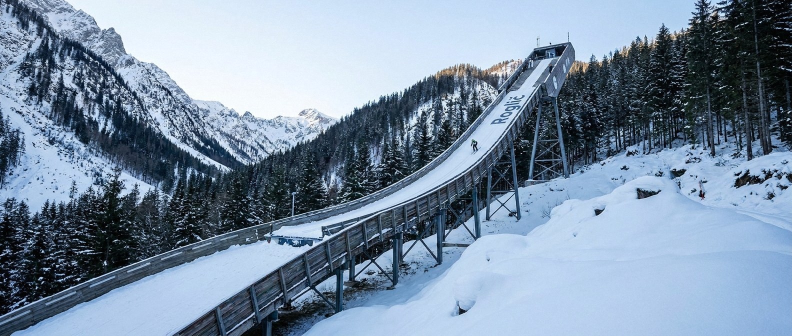 Wide context: A massive, towering ski jumping ramp built into a steep, snow-covered alpine mountain valley, captured