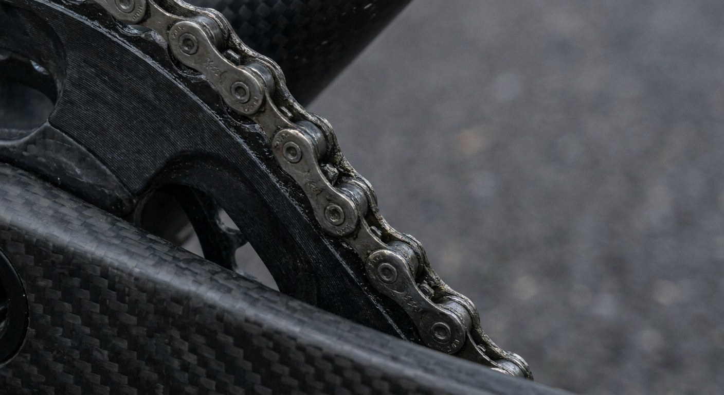 Close-up of a lubricated metal bicycle chain engaged on a black chainring. A textured carbon fiber component sits in