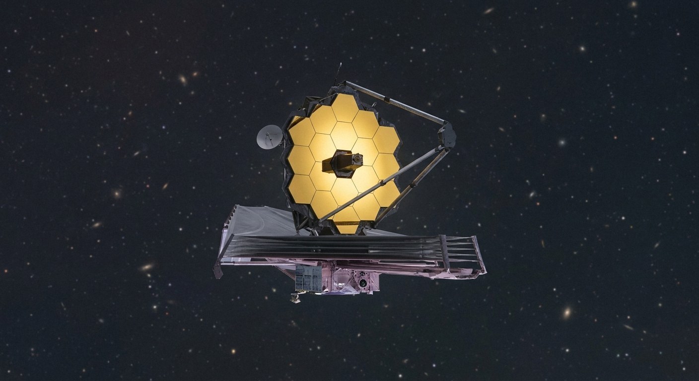 A large space telescope with hexagonal gold mirrors floating in deep space against a background of distant stars