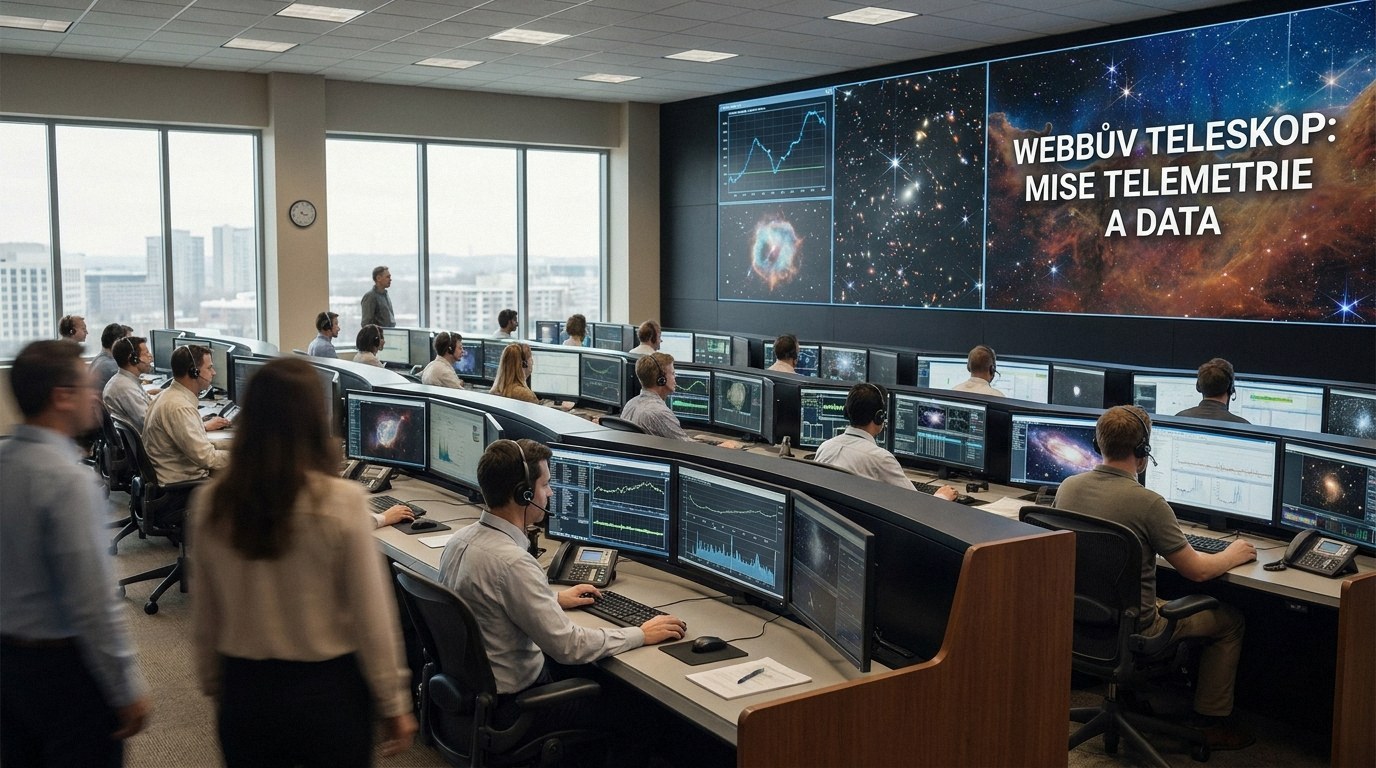Mission control room with personnel at computer consoles. Large displays show space images, graphs, and text WEBBŮV
