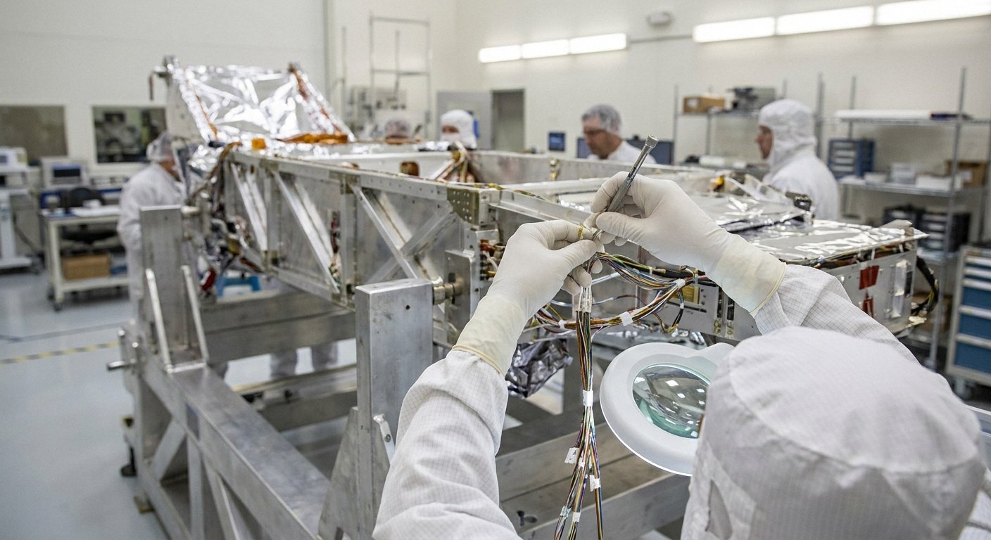 Workers in white cleanroom suits assemble a silver metal framework. The foreground focuses on gloved hands using a tool