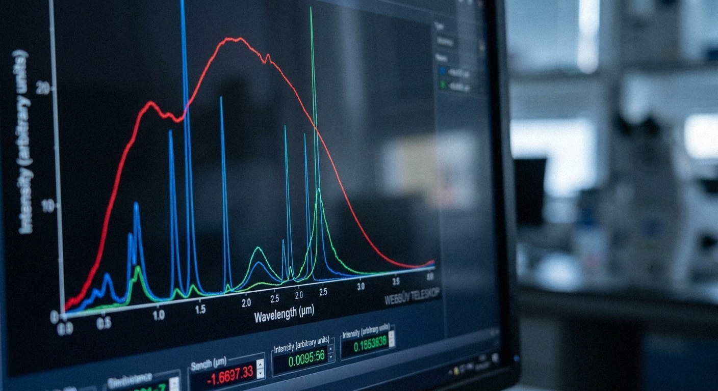 Close-up of a monitor showing a spectral graph with red, blue, and green lines over wavelength. Text reads WEBBÜV